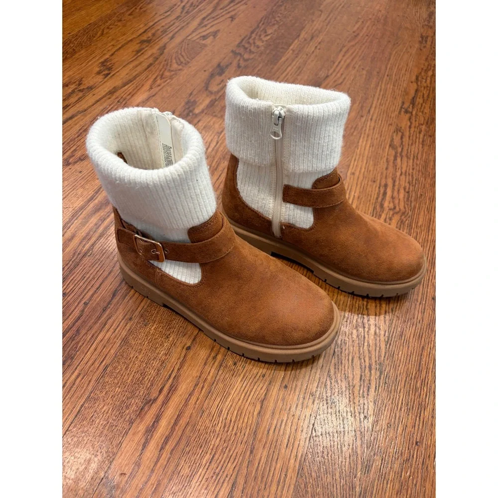 Cat & Jack Trista Girls Brown Faux Suede Ankle Boots Sweater Cuff Size 4
